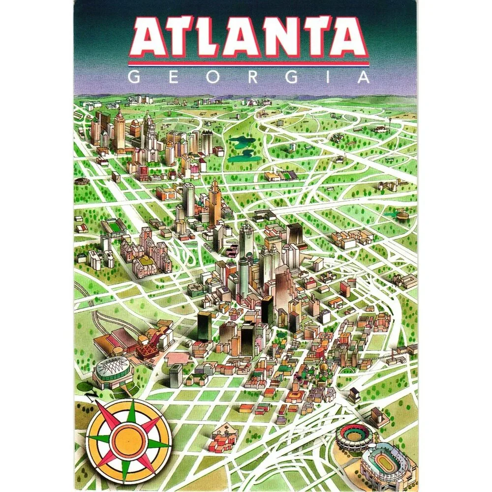 Atlanta Georgia Illustrated City Map Postcard Aerial View Souvenir Collectible